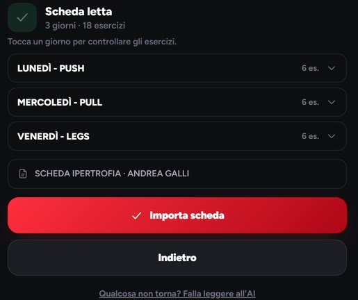 Il riepilogo dell'import di una scheda, con dati di esempio: scheda letta, 3 giorni, 18 esercizi, pronta da importare