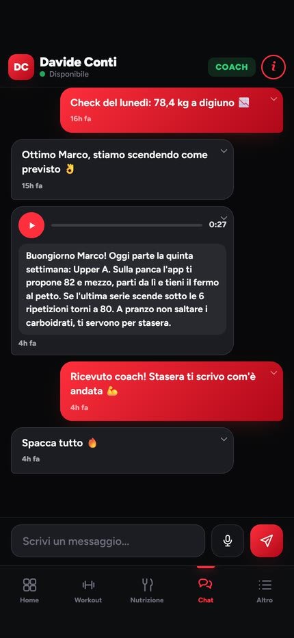 La chat con il coach nell'app Hypervex, con dati di esempio: il check del lunedì e un vocale del coach con la trascrizione