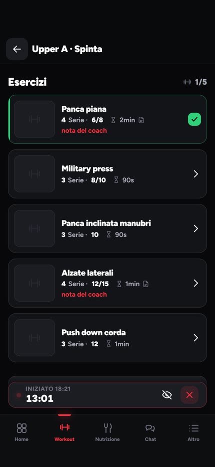 La scheda di oggi nell'app Hypervex, con dati di esempio: Upper A con cinque esercizi e le note del coach
